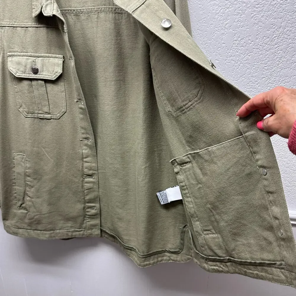 New! Lolita Women’s Sz Lg Olive Green Denim Button Jacket Or Dress, Six Pockets